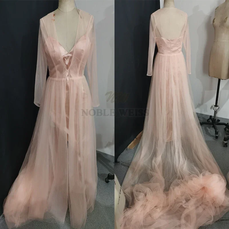 Chaqueta larga de tul para fiesta de boda, abrigo de fiesta de manga larga con tren, capas nupciales, chaqueta Bolero, bata de boda, encogimiento de hombros de tul