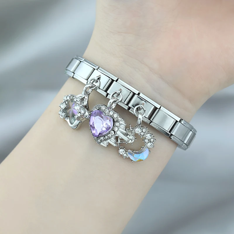 Hapiship 2024 Women Fashion Moon Star Heart Shiny CZ Charms Italian Link Fit 9mm Bracelet Stainless Steel Making Jewelry DJ1215