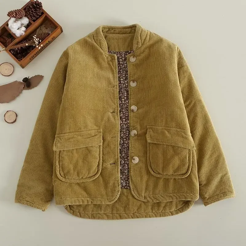 

Corduroy Parka Women Autumn Winter Trend Short Warm Coats Cotton Clothes Stand Collar Vintage Single Breasted Jacket Womens Coat