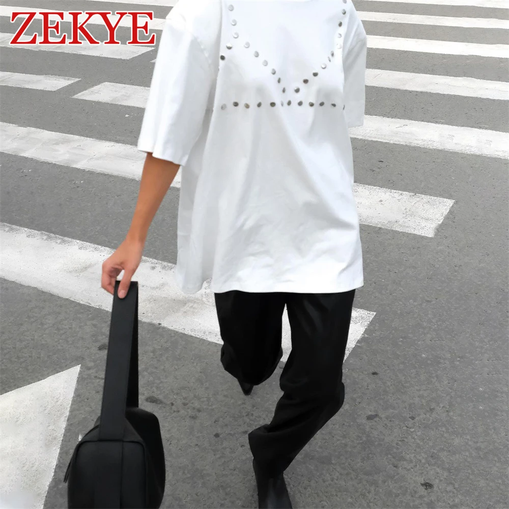 Zekye Streetwear Rivet Tshirt Women Oversize Chic Summer Solid 90S Korean Elegant Vintage T Shirts Short Sleeve Fashion Casual