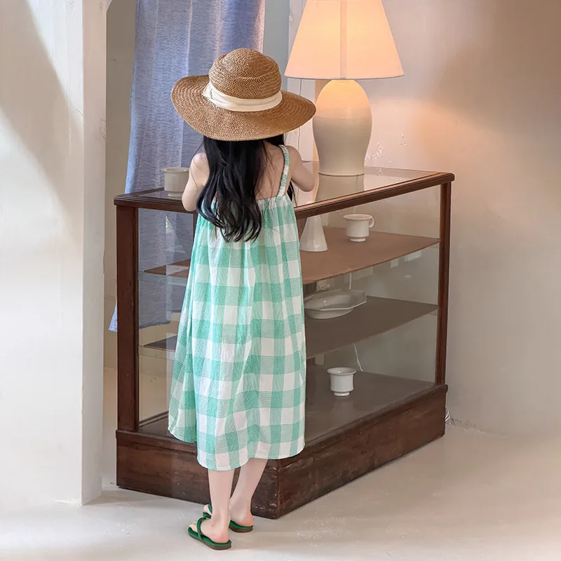 2026 Girls Princess Dress Casual Vacation Style Green Plaid Long Suspender Skirt Check Tank Dress