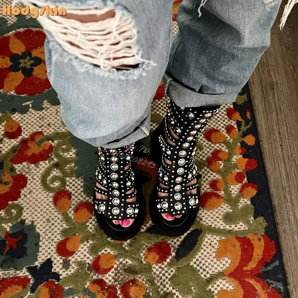 

Rivet Decor Gladiator Sandals Open Round Toe Mid-calf Boots Back Zipper Retro Platform Square Heels 2025 New Women Fashion Shoes