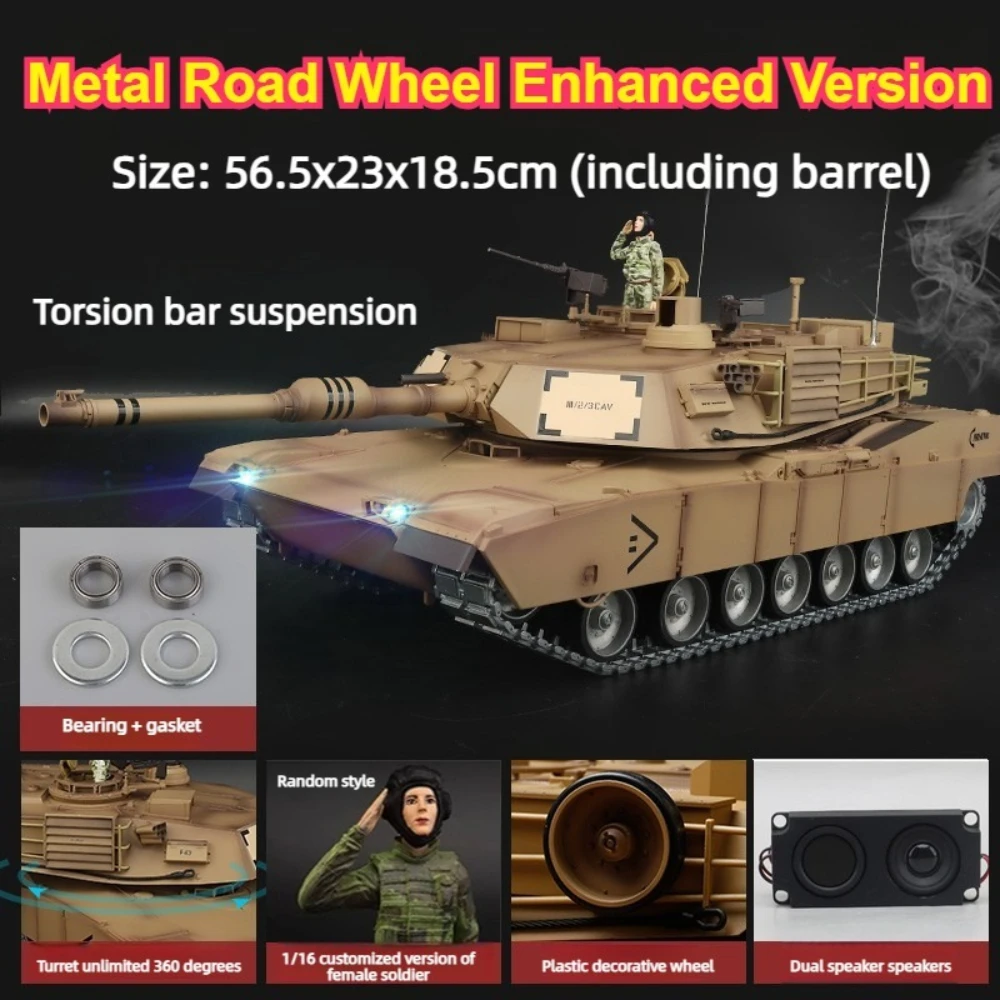 

HengLong M1A2 RC Tank 1/16 Metal Chassis Tank Model 2.4G RC Tracked Tank with Lighting and Sound System 320° Rotating RC Toy