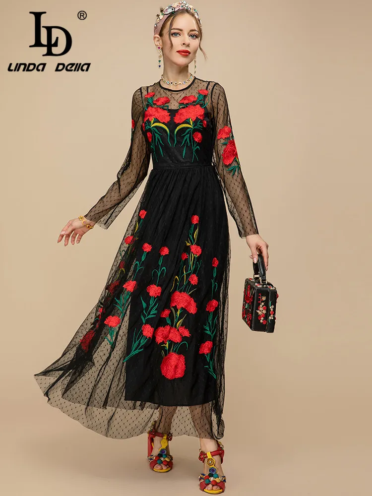 Imagem -03 - Linda Della-vestido Midi para Mulheres Vestido Midi de Manga Comprida com Bordados de Flores Malha Preta Vestido de Festa Vintage Verão 2023 ld