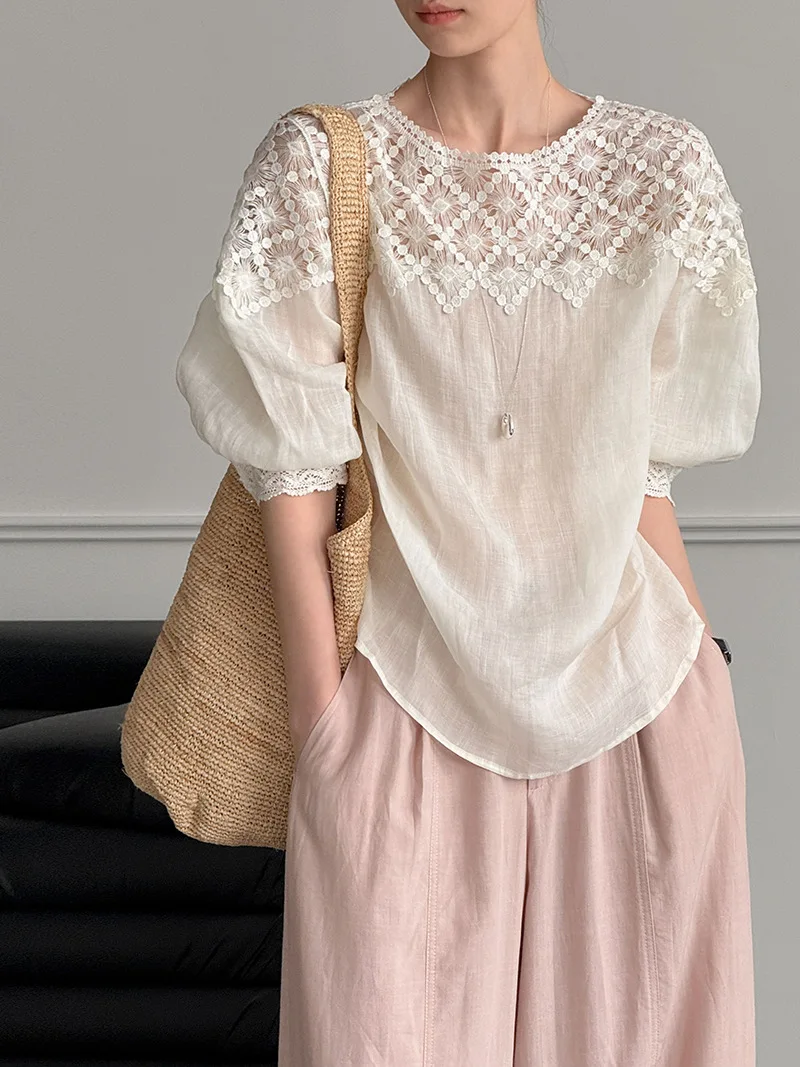 2026 Women Summer 100% Linen Blouses Half Sleeve Thin Fashion Womens Tops And Blouses Fashion Shirts Blusas Roupa Feminina view 4