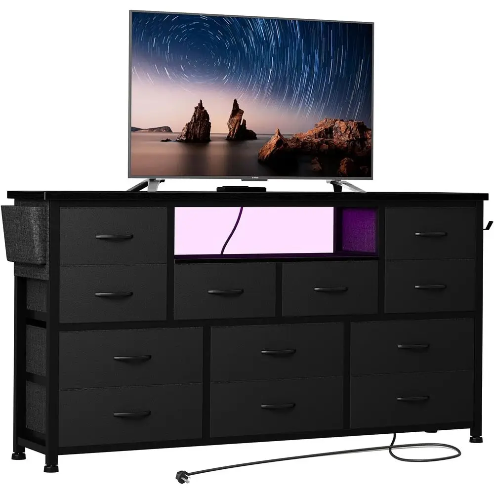 

Тумба под телевизор с розеткой и LED-подсветкой для телевизоров до 45 дюймов, длинная тумба для спальни с 12 ящиками, широкий стол или место для хранения в шкафу, для гостиной