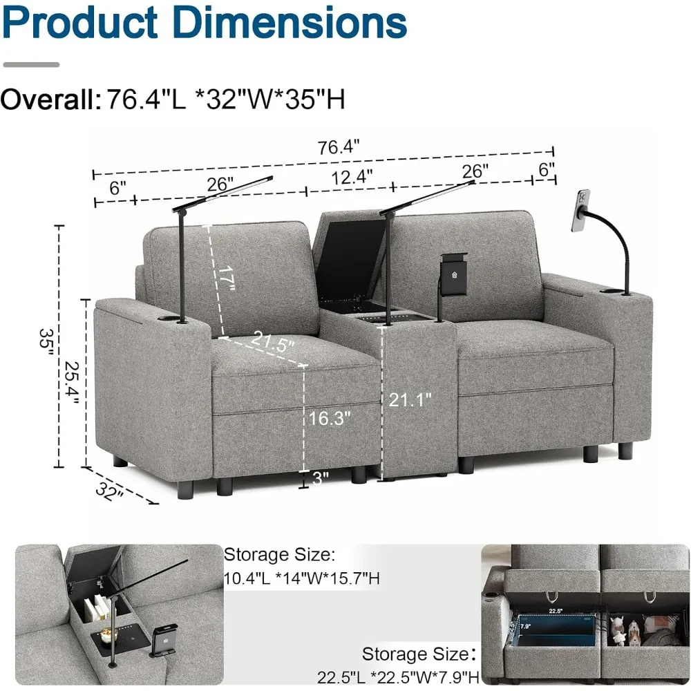 Theater Seating, Power Conscle with Cup Holders, Bluetooth Stereo, Theater Seats with Power Grommet, Wireless Charging, Sofa Set