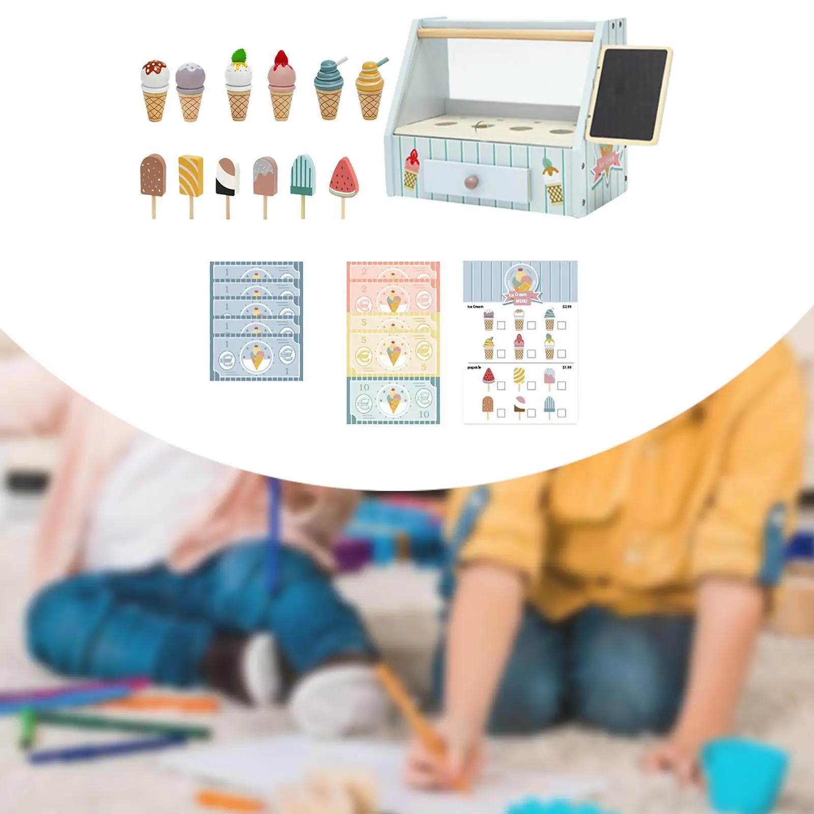 Wooden Ice Cream Counter Playset Learning Activity Montessori Pretend Food Toys