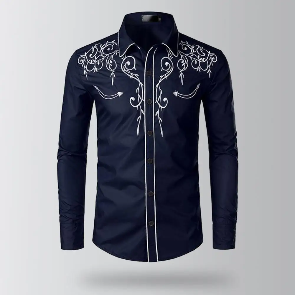 Camisa de vaqueiro ocidental bordada com gola de lapela masculina, design slim fit, blusa manga comprida, roupas elegantes, verão