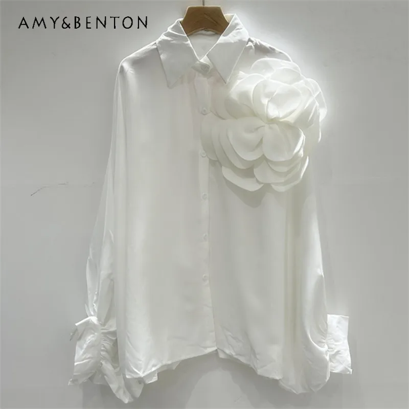 

2026 Spring Autumn New Women's Fashion 3D Flower Blouse Unique Design Versatile Elegant Batwing Sleeves Oversized Shirt Clothes