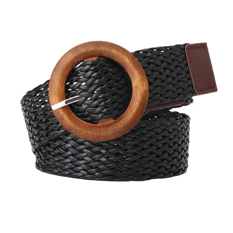 Vintage Gevlochten Taille Riem Zomer Effen Vrouwelijke Riem Ronde Houten Gesp Nep Stro Breed Elasticiteit Riemen Voor Vrouwen