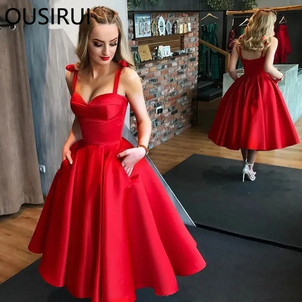 OUSIRUI Simple Solid Satin Spaghetti Straps Prom Party Dress A-line Tea-Length Prom Party Gown with Pockets vestidos de festa