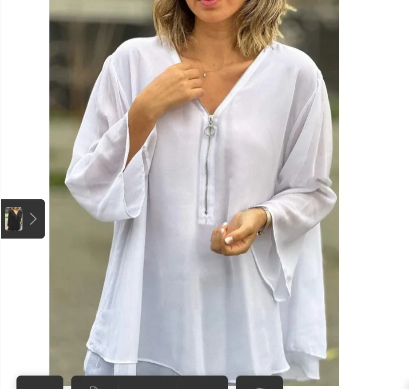 2024 Blouse Elegant Women's Chiffon Shirts with V-neck Zipper Detailing 3/4 Sleeve Pullover Tops Double Layer Hem for A