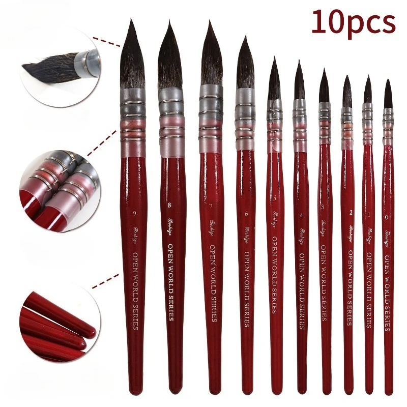 Round Tip Detail Paint Brushes 10Pcs Wooden Handle Nylon Hair Liner Brush for Watercolor Gouache Acrylic Professional Art