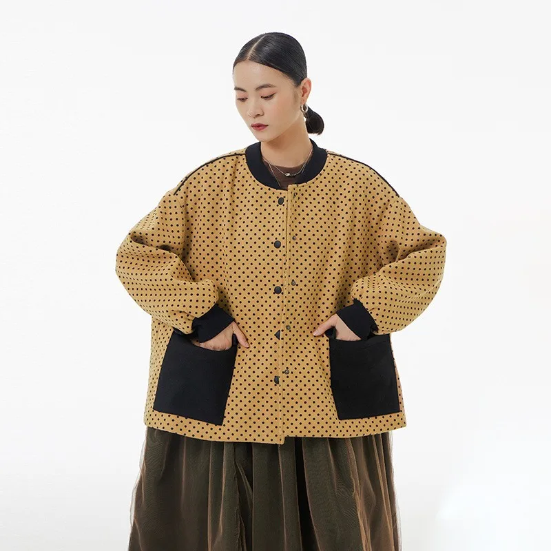 

Japanese department simple everything stand collar coat 2023 autumn and winter new women's loose thin contrast color shirt 3862