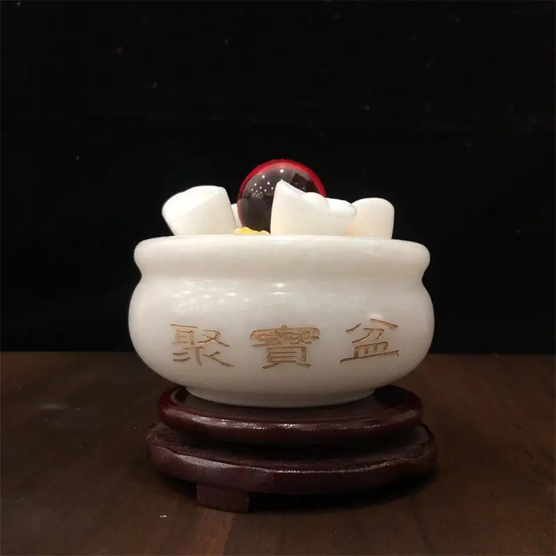 Natural white jade treasure bowl ornament, fortune-bringing ingot mascot, housewarming cash counter decoration, shop opening gif