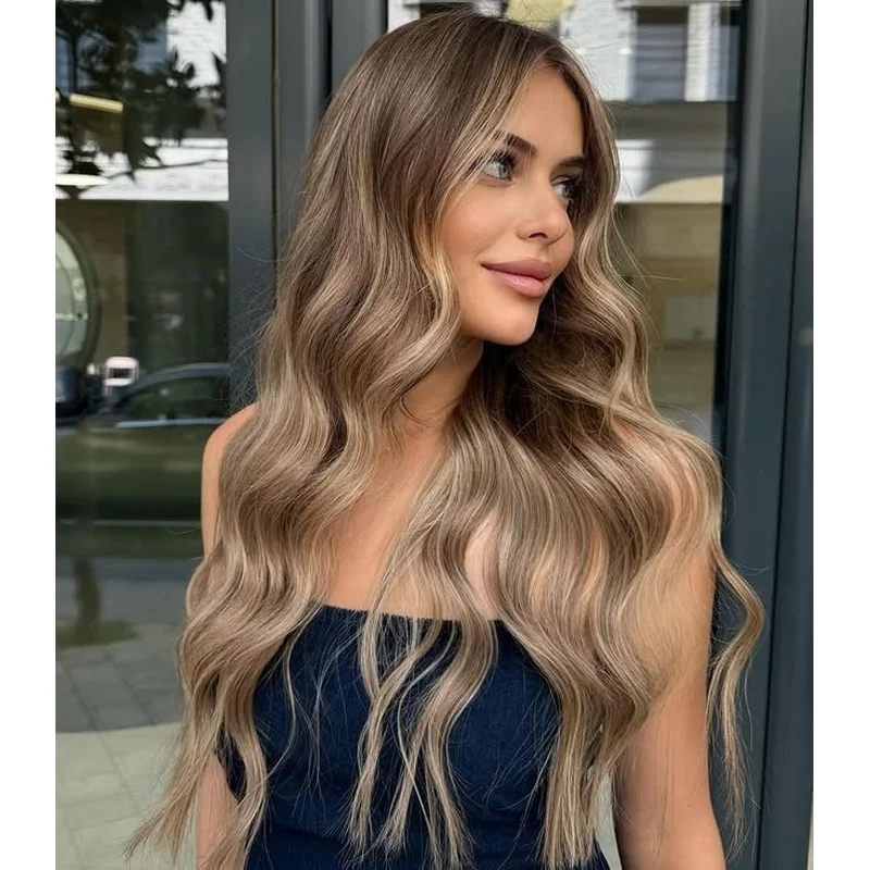 Light Brown with Beige Blonde Wavy Wigs 100% Human Hair Wave Lace Front Wigs