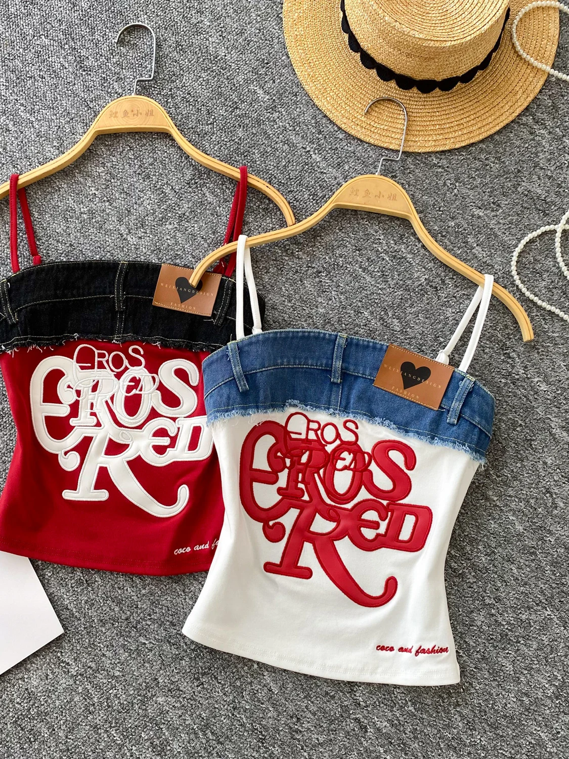 

American Vintage Letter Embroidery Strapless Top for Women Summer Fashion Denim Patchwork Slim Fit Spicy Girl Camisole Tube Top