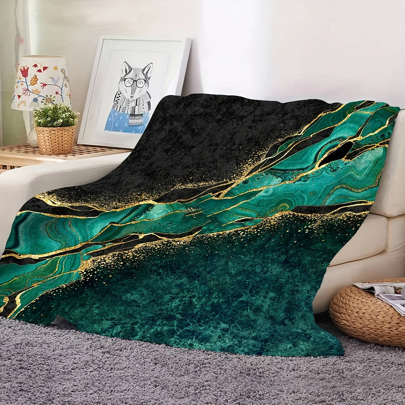 Luxury Boho Flannel Blanket – Cyan Gold & Black Marble Print, Soft Cozy Throw for Bedroom Living Room or Sofa