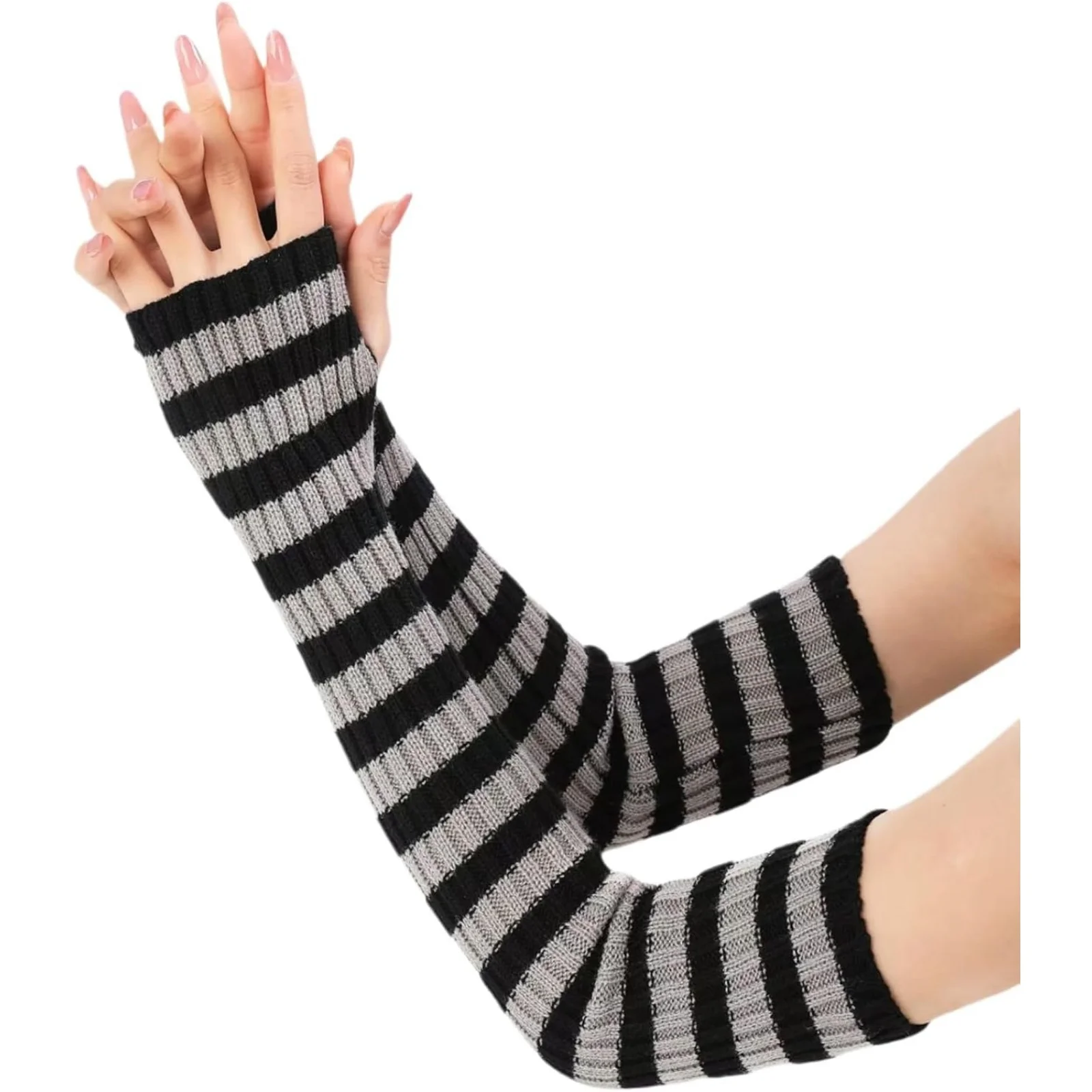 A Pair Of  Women's Striped Long Fingerless Gloves, Warm Winter Fall Arm Warmers, Stylish Knitted Elbow-Length Gloves For Ladies