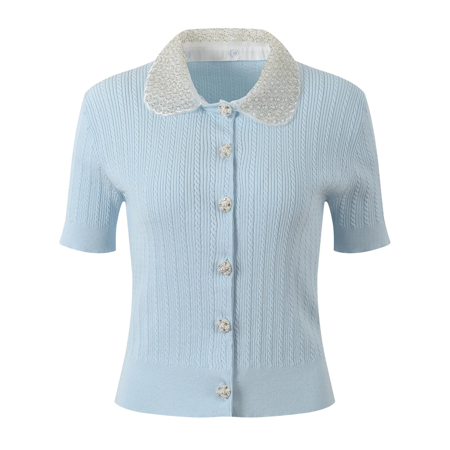 

Женский вязаный кардиган в европейском стиле с коротким рукавом, с воротником-стойкой, нежный, универсальный, для весны и лета