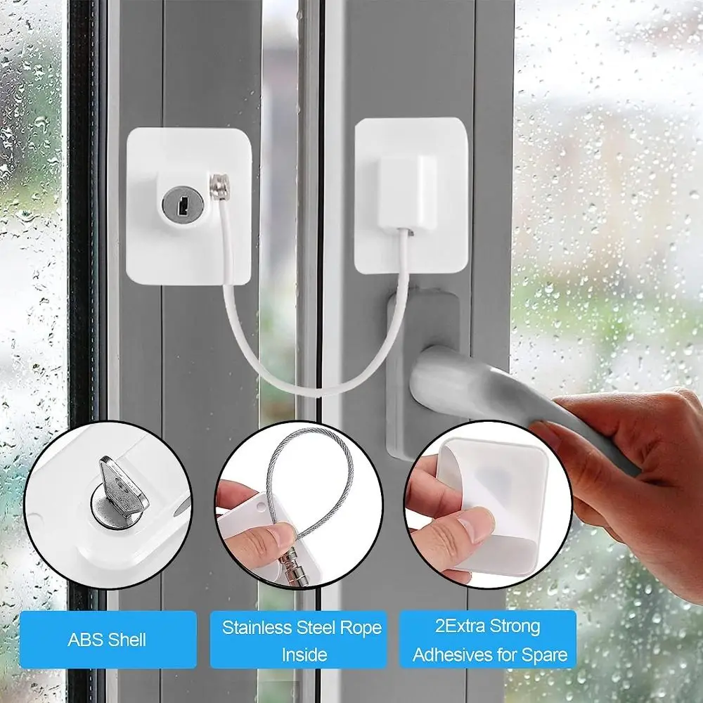 No Drilling Self Adhesive Window Safety Lock White Color Child Safety Cable Lock Window Cable Restrictor Lock Easy to Use