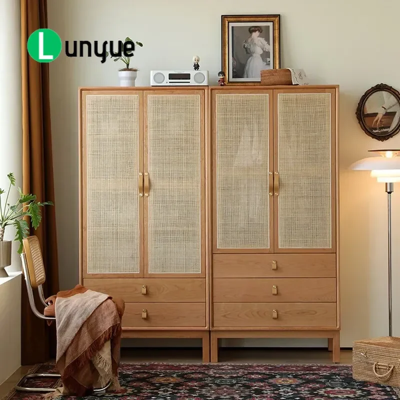 Nordic Solid Wood Wardrobe Rattan Large Capacity Storage Cabinet Breathable Bedroom Closet for Small Apartment Home Furniture