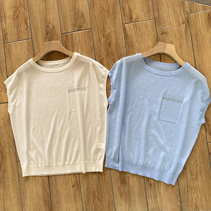 Women's Cashmere Silk Sleeveless Knitted Top Round Neck Versatile Short Sleeves