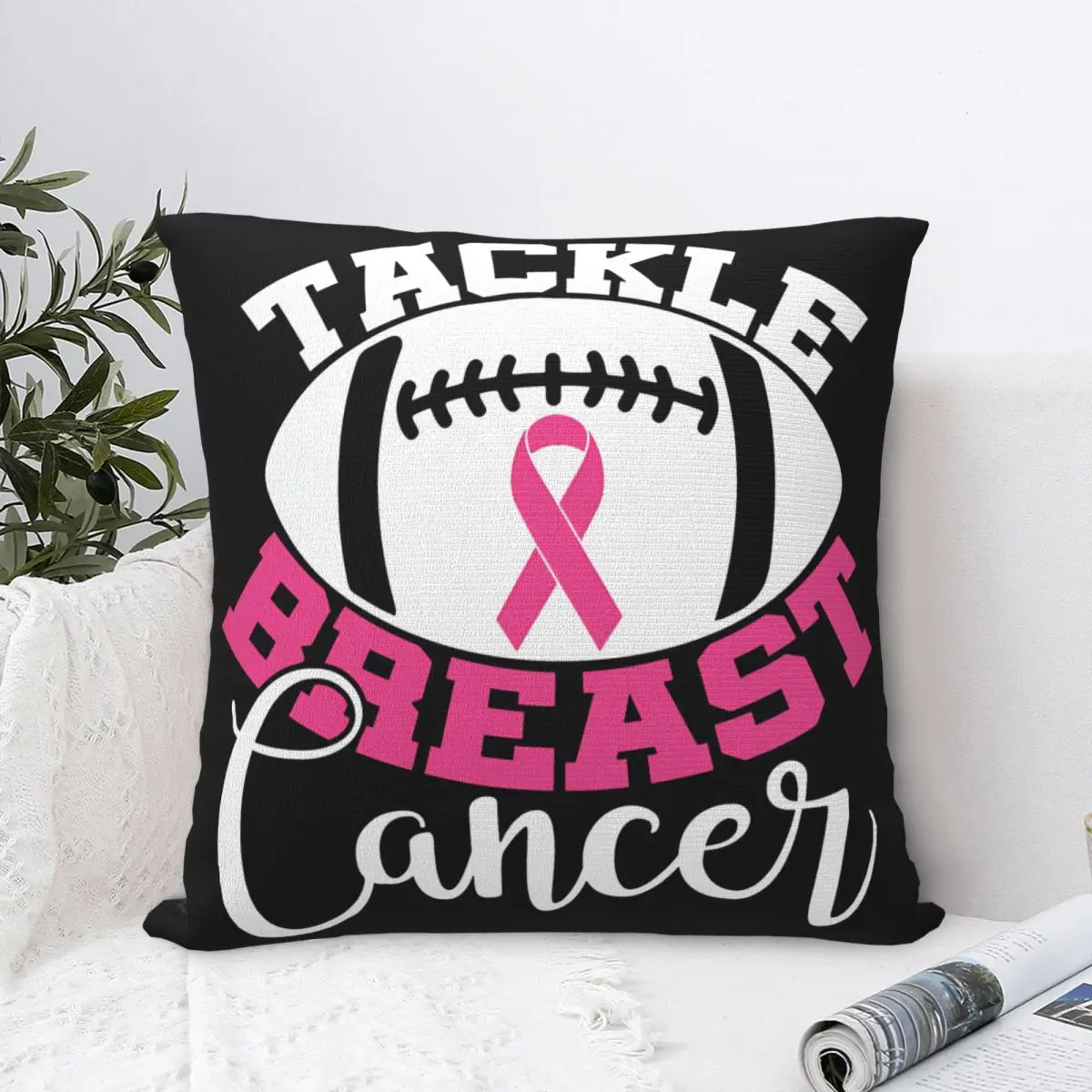 Tackle Breast Cancer Football Sport Awareness Support Pink Ribbon Square Pillow Case Cushion Covers Decor Pillowcase for Home