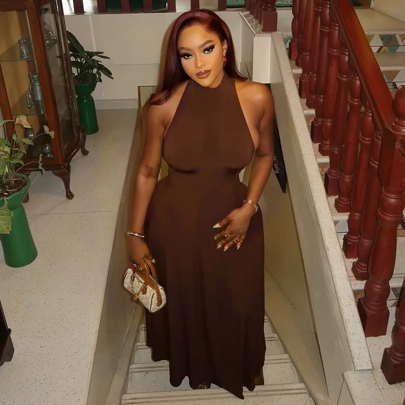 

Women's O-Neck Sleeveless Backless Waistband A-Line Long Dress, Solid Color