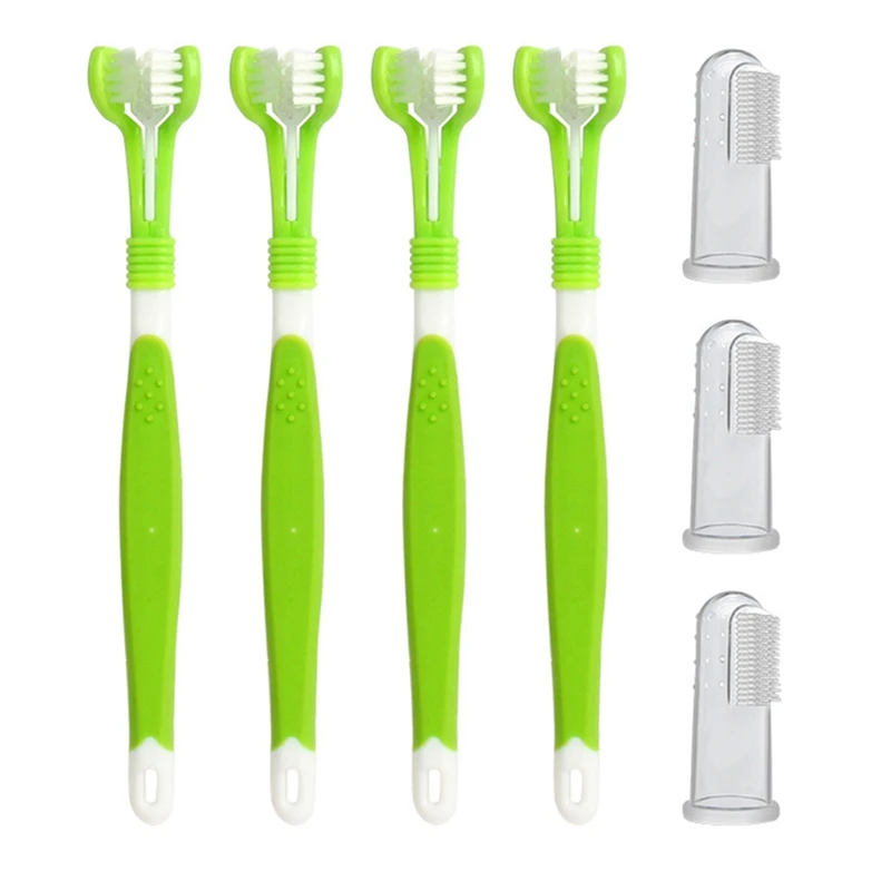 Pet Dog Toothbrush, 4 Triple Head Tooth Brush 3 Pack Finger Rubber Toothbrushes, Multi-Angle  Cleaning Brushes