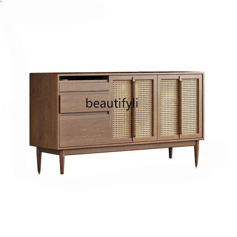 

cqyLight Luxury Walnut Color Solid Wood Sideboard Living Room Dining Room Tea Cabinet Wall Rattan Curio Cabinet