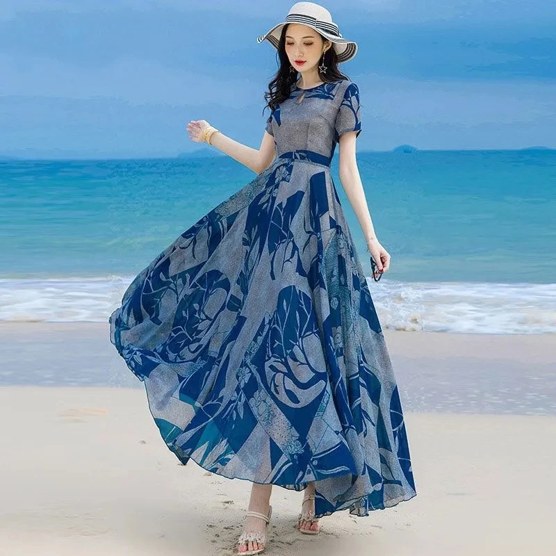 

2024 Sping Summer Bohemian Women Maxi Dress Casual Long Sleeve High Waist Beach Woman Chiffon Dresses Floral Vestidoes Mujer New