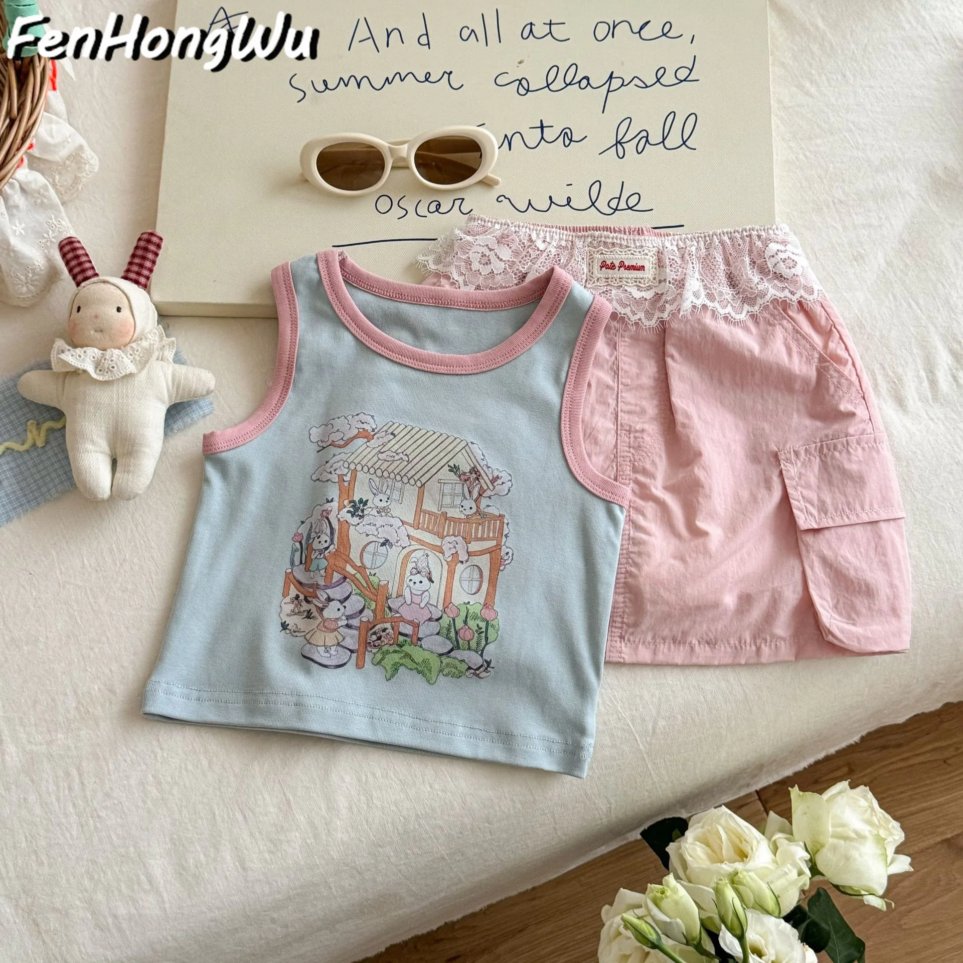 

Summer Clothing New Style Cartoon Color Blocked Tank Top Splicing Lace Comfortable Work Dress Sweet Set