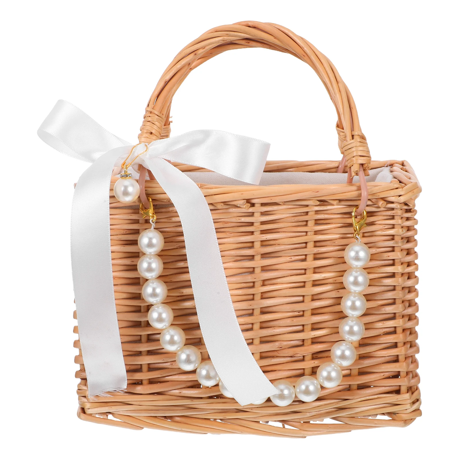 

Pearl Flower Basket Handheld Storage Bride Purse Wedding Day Girl Handle Braided Willow Decorative Floral Storage