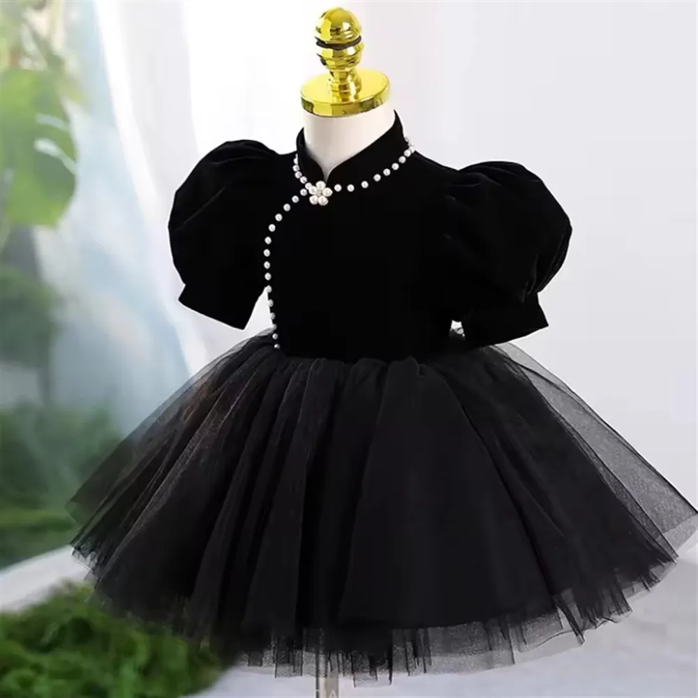 

Customized Luxury Velvet Flower Girl Dress Pearls Princess Birthday Party Wedding Evening Dress Kid Piano Host Performance Gown