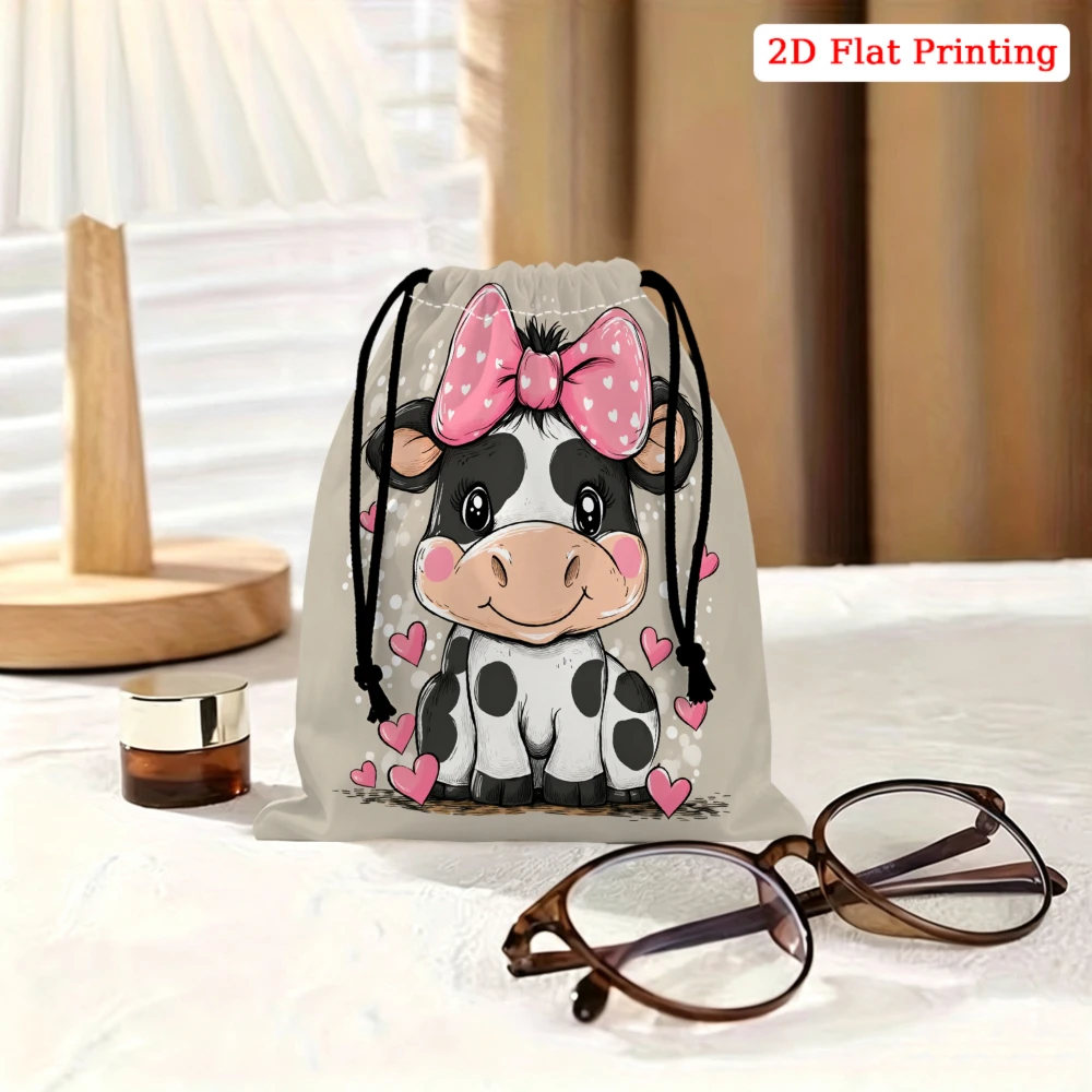 1pc Cartoon Cow Print Drawstring Bag White Pink Bow Heart Pattern Storage Small Pouch For Travel Cosmetics Jewelry Organizer Gif