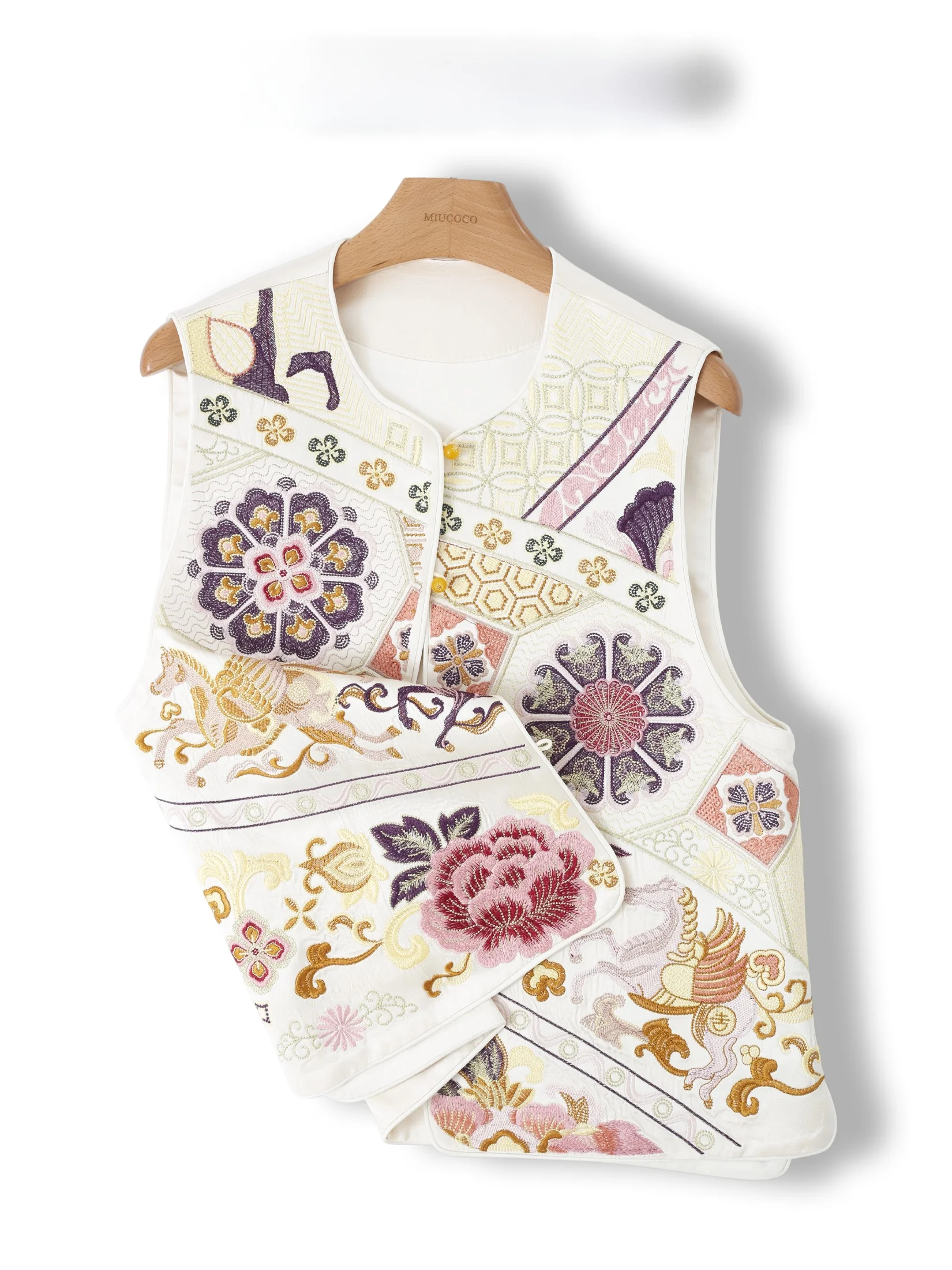 

New Chinese Style Embroidered Silk Blend Vest Women's Versatile Top Fashionable Outerwear Floral Pattern round Neck Button De...