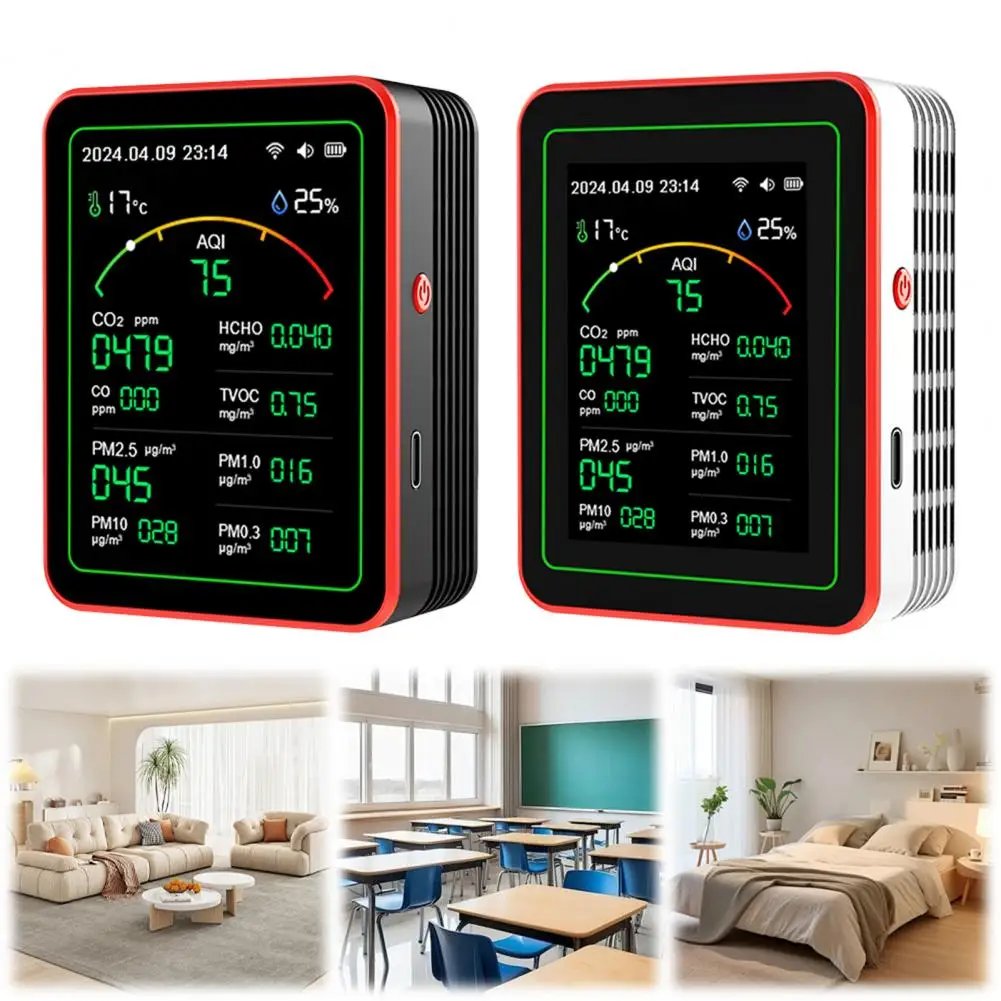 جهاز اختبار Pm2.5 جهاز مراقبة الهواء الداخلي مع شاشة عرض لـ Co Co2 Hcho Tvoc Aqi Pm0.3 Pm1.0 Pm2.5 Pm10 ميزان الحرارة للمنزل