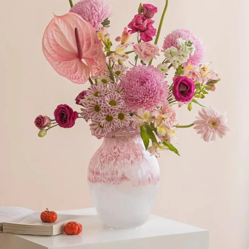 Medieval mixed color flower basket glazed vase Nordic high-grade glass ornament light luxury home vase living room desktop