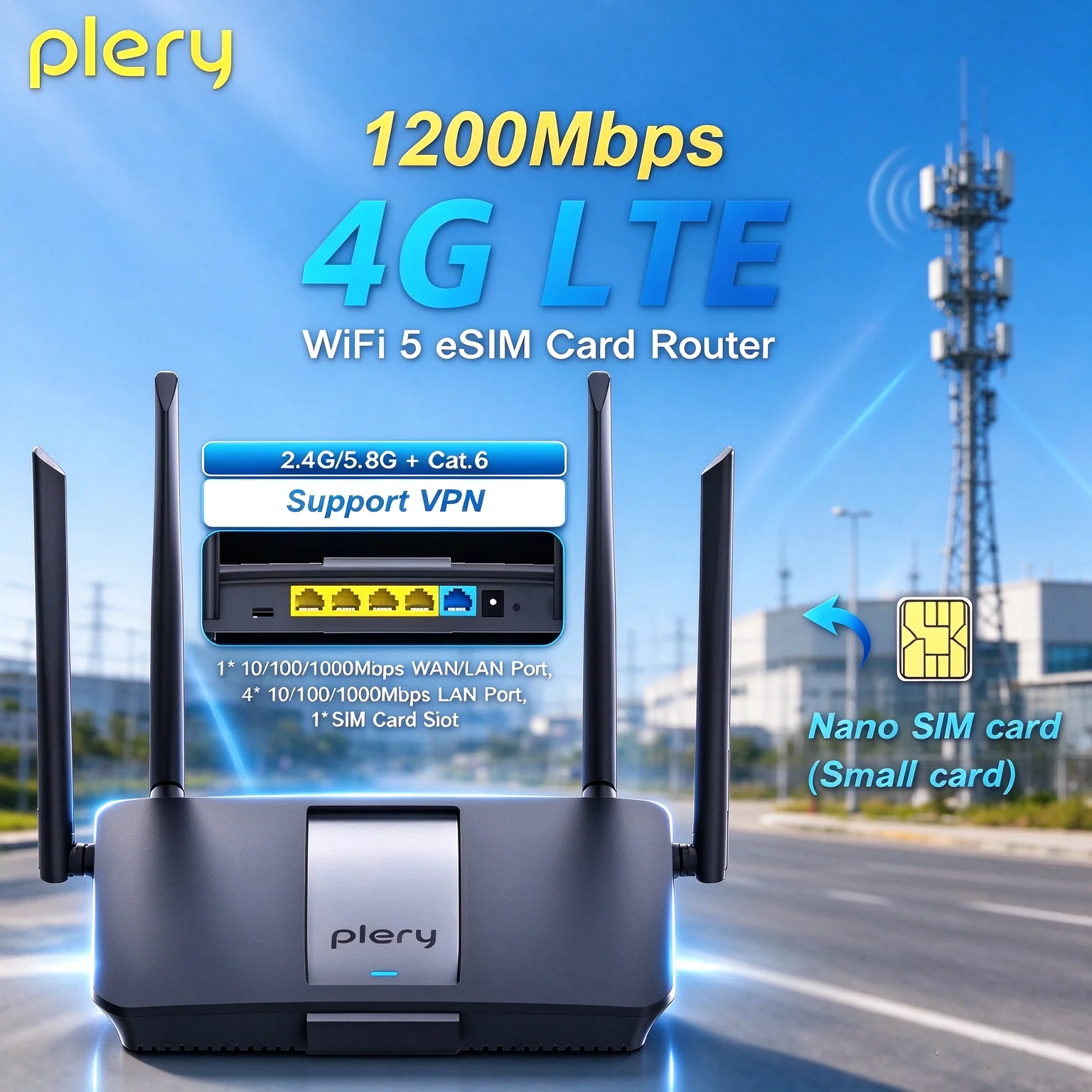 Plery 1200Mbps 4G LTE Cat6 Router 2.4+5.8GHz WiFi5 Wireless 5*Gigabit Ports VPN Support Nano SIM/eSIM Card 4G Routers EU Plug