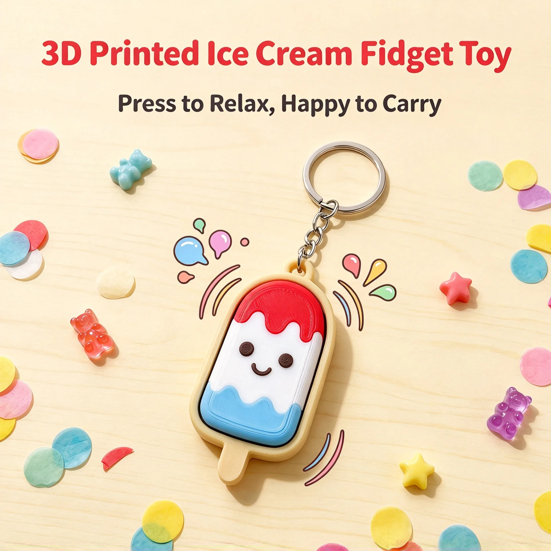 3D Printing Chocolate Ice Cream Fingertip Button Click Toys Kids Stress Relief Toy Portable Keychain Pendant Gift Fidget Spinner