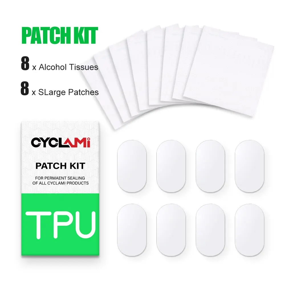 CYCLami Fahrrad-Innenschlauch, Reifen-Patch, Patch-Werkzeuge, Reparaturset, 8-teilig, Rennrad, MTB, Faltrad, TPU-Material, leistungsstark, kleberfrei