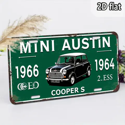 2D Flat - Vintage Austin Mini 1964 Aluminum Wall Art Sign, Retro Copper Green Design with Classic Car Image