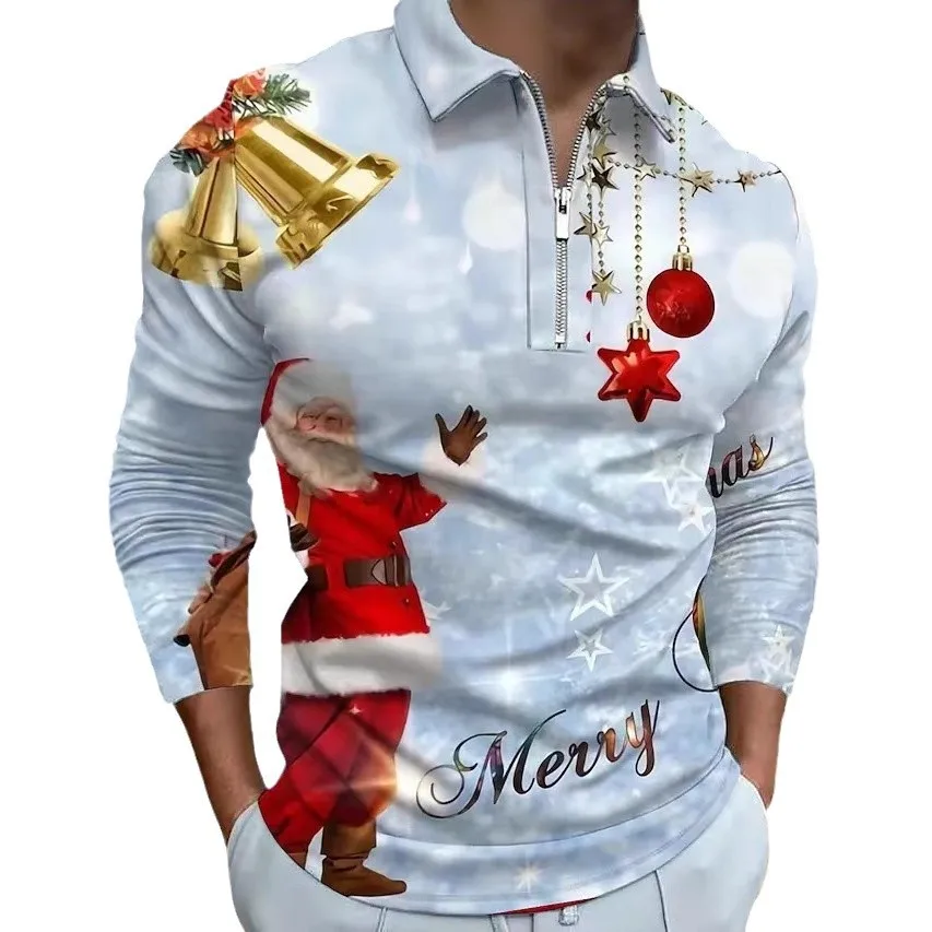 New High Quality Autumn Men\'s Christmas Digital Print Zipper Long Sleeve, Fashion Casual Breathable Trend Top