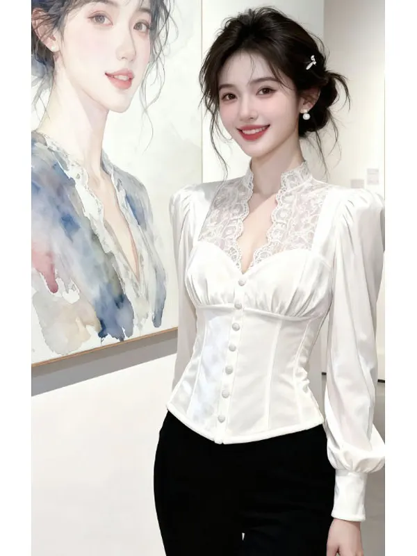 

Ele Lace Patchwork Velvet irt Women's Faionable White irt Autumn High-End Sensation Youthful Attractive Top