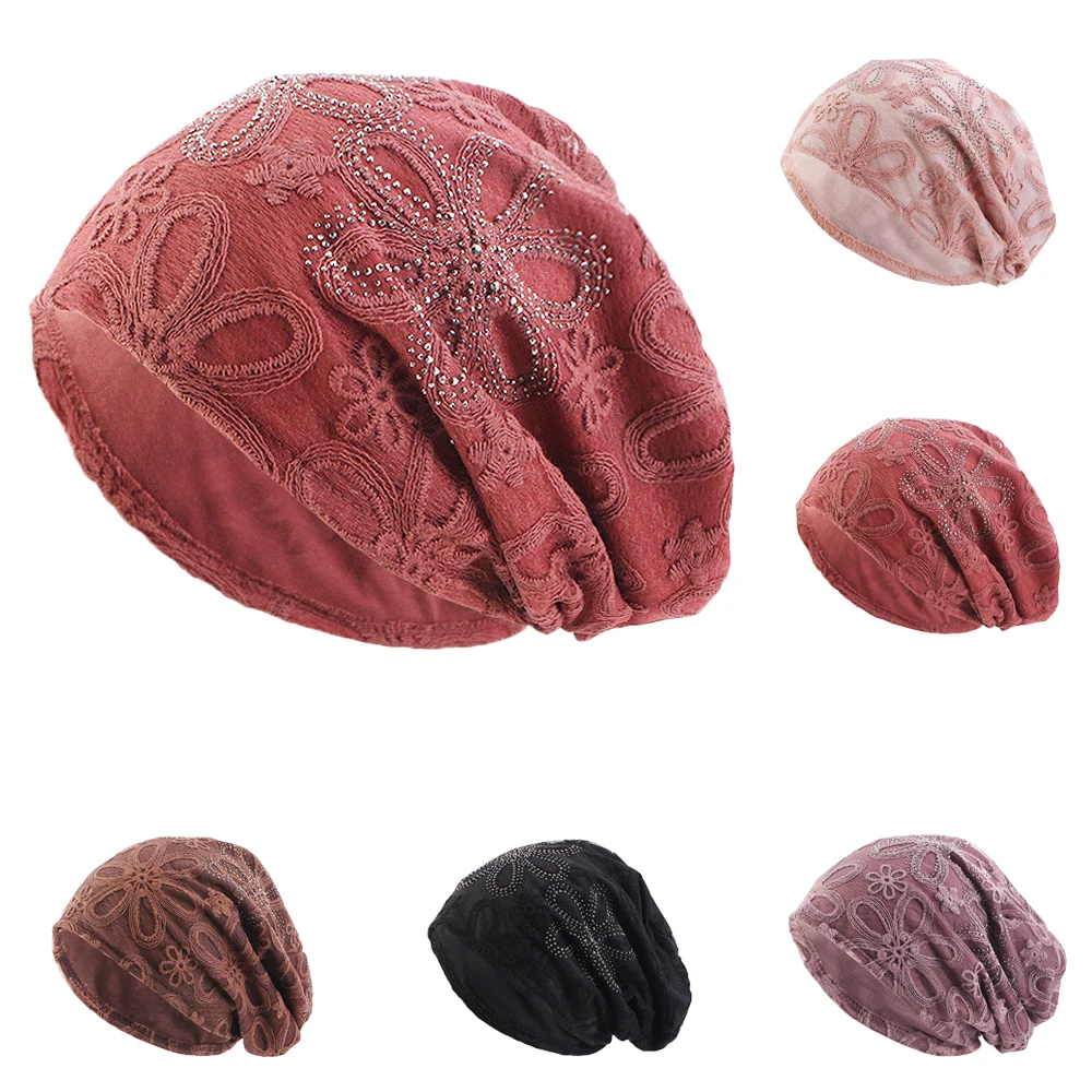 Turbante elástico de encaje de flores para mujer, Hijab musulmán de diamantes de imitación, gorros de noche para dormir islámicos, jersey de quimio, sombrero, bufanda, envoltura para la cabeza, gorros holgados