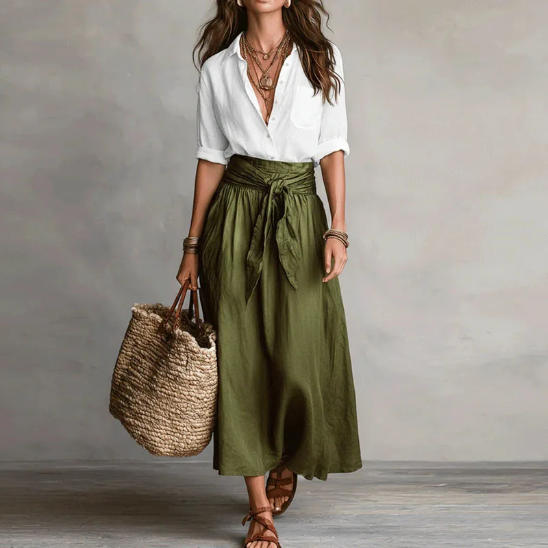 2026 Spring Summer Solid Women's Suit Casual Button Lapel Top T-shirt And Tie Waist Bowknot Skirt Sets Long Sleeve Office Outfit image 4
