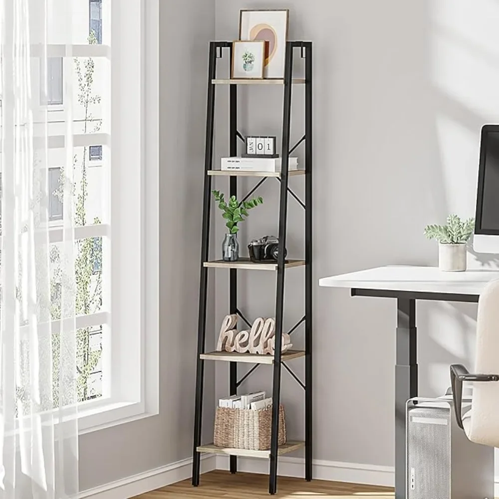 

Ladder Shelf, Bookshelf Bookcase, Freestanding Corner Storage Shelve with Hooks for Home Office, Living Room, Kitchen