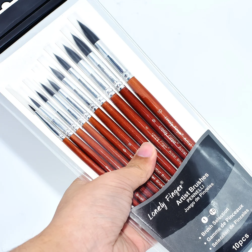 10pcs Round Watercolor Paint Brush Set Soft Hair Comfortable Handle for Watercolor Acrylic Gouache Oil